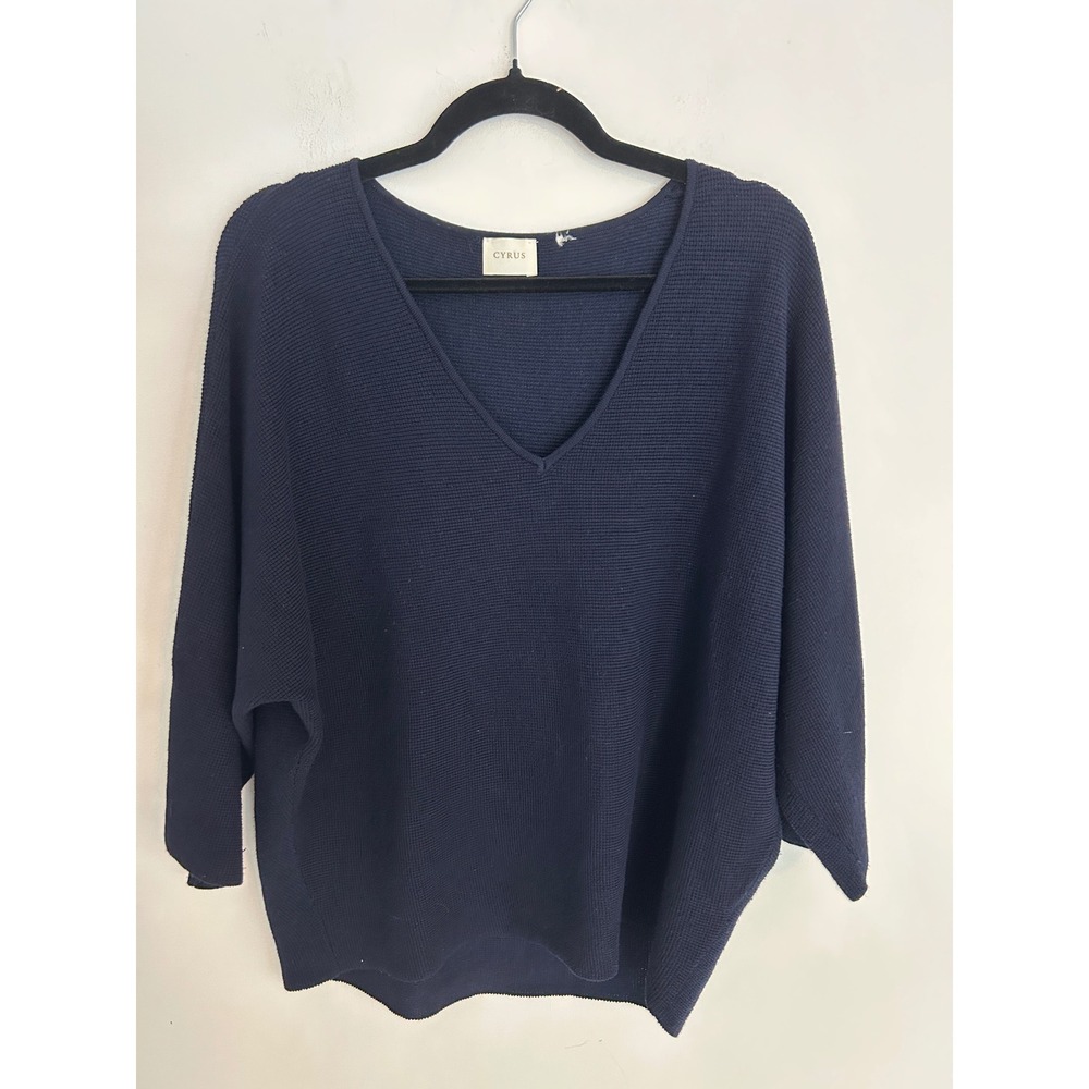 Cyrus Navy Blue V-Neck Dolman Sleeve Knit Sweater Textured Oversized Pullover